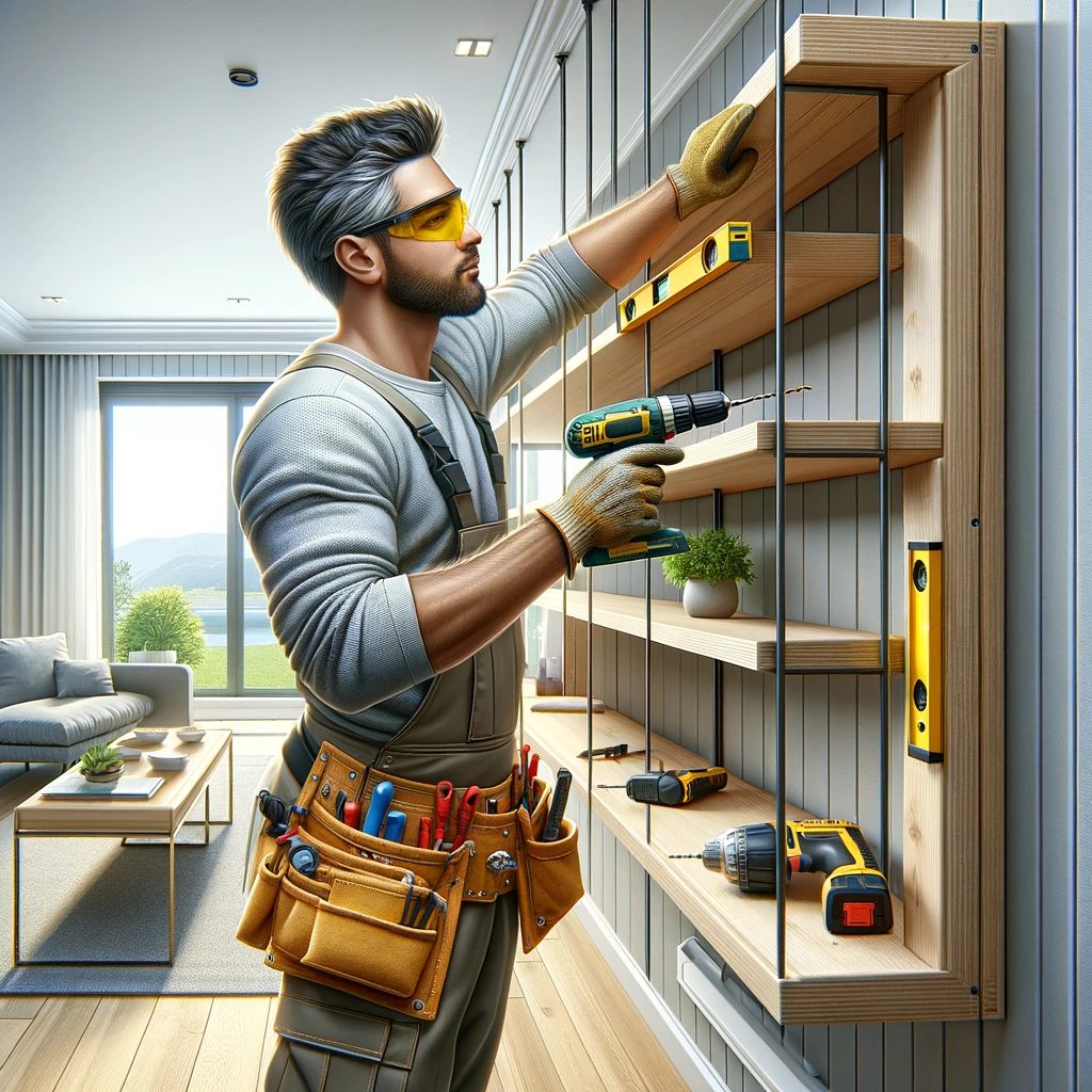 Un homme à tout faire qui  installe des tablettes au murs